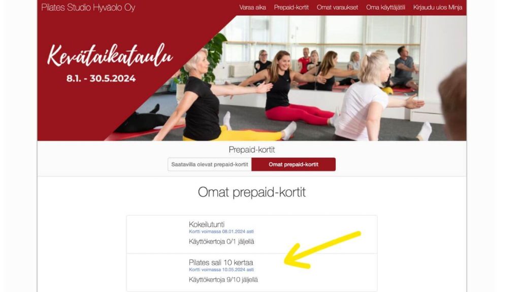 Pilates Studio Hyväolon sarjakortti oston jälkeen harjoituskerrat ovat nähtävissä varausjärjestelmän tililläsi kohdassa omat prepaid-kortit.